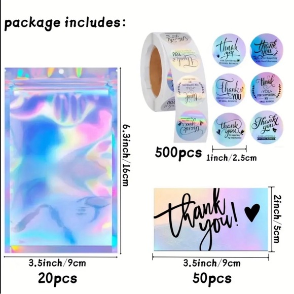 570 PCS Holographic Thank You Cards/ Bags/Stickers New - Picture 2 of 3